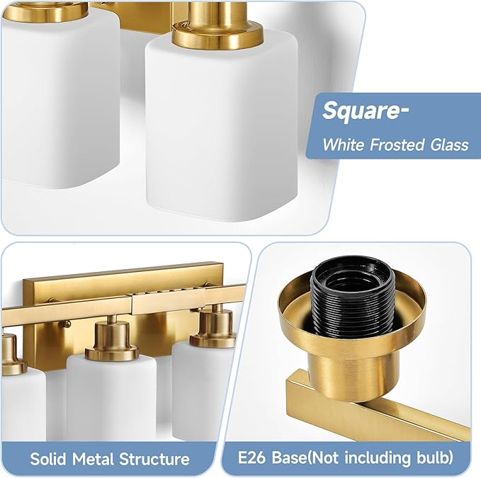 Bathroom Vanity Light,8-Light Brushed Gold Bathroom Light Fixtures with Square Frosted Glass, 51in Gold Wall Lamp Sconces for Mirror Bedroom,Living Room Hallway,E26