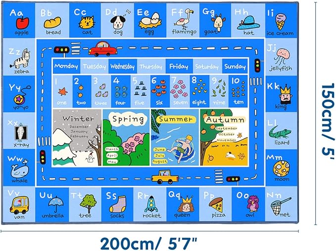 Booooom Jackson ABC Rug Kids Rug Educational Rugs Non-Slip Kids Carpet with Alphabet, Number Mat for Children, Baby, Toddler Play, 4'11" x 6'7"