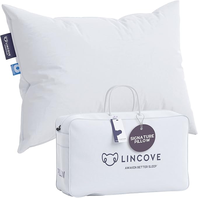 Lincove Signature 100% Natural Canadian White Down Pillow - Luxury Sleeping Pillow for Back, Stomach & Side Sleepers - 800 Fill Power Bed Pillow, 500 Thread Count, Made in Canada, Queen - Firm, 1 Pack