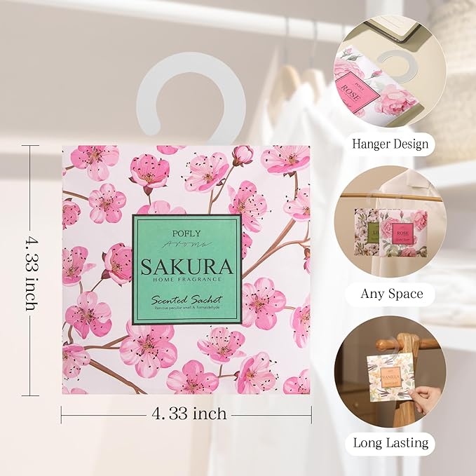 12 Pack Large Sakura Scented Sachets – Hanging Closet & Drawer Deodorizer & Air Freshener, Long-Lasting Aroma