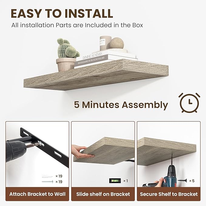 72 inch Floating Shelves for Wall, 12 Inch Deep Floating Shelf, Hanging Shelf with Invisible Brackets, Rustic Wooden Wall Shelves for Bathroom, Bedroom, Living Room,Farmhouse Set of 1,Grey