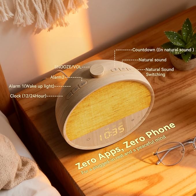 Vivilumens Wood Grain Sunrise Alarm Clock, Gentle Wake-Up Light Sound Machine, Dual Alarms for Heavy Sleepers, Natural Sounds, RGB Mood Light, Dimmable Bedside Night Lamp, Ideal for Bedroom & Gifts