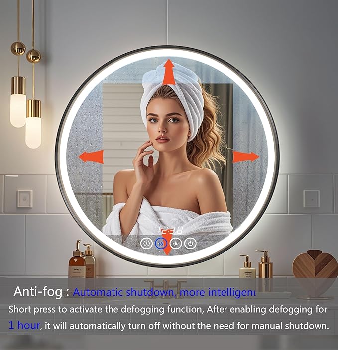 Wall-Mounted Round Bathroom Mirror with LED-Lights - 32 Inch Frame Vanity Mirrors(32" x 32", Black)