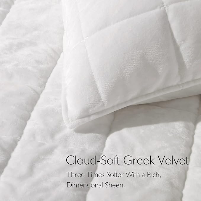 Greek Velvet Queen Quilt Set, 3× Softer Luxe Sheen, 100% Cotton Backing, 150GSM Down-Alternative Fill, Expanded 98×98" Coverage for Fuller Side Drape (1 Quilt + 2 Pillow Shams), Brilliant White