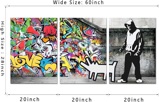 Novatique Classic Graffiti Wall Art Banksy Canvas Wall Art Street Pop Art Framed Ready to Hang Colorful Graffiti Picture Wall Decor for Living Room Bedroom, 20" x 28" x 3Pcs