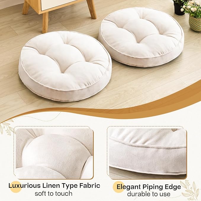 Floor Pillow Set of 2, Memory Foam Floor Cushions for Adults, Large Meditation Pillow for Sitting, 22 x 22 Inches (Round | Beige)