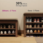 Solid Rubberwood Shoe Bench with Cushion, 3-Tier Entryway Bench with 14.6" Tall Boot Storage, Adjustable Shelves Shoe Rack Bench Used for Mudroom, Bedroom, Hallway, Walnut Finish (39.4" W)