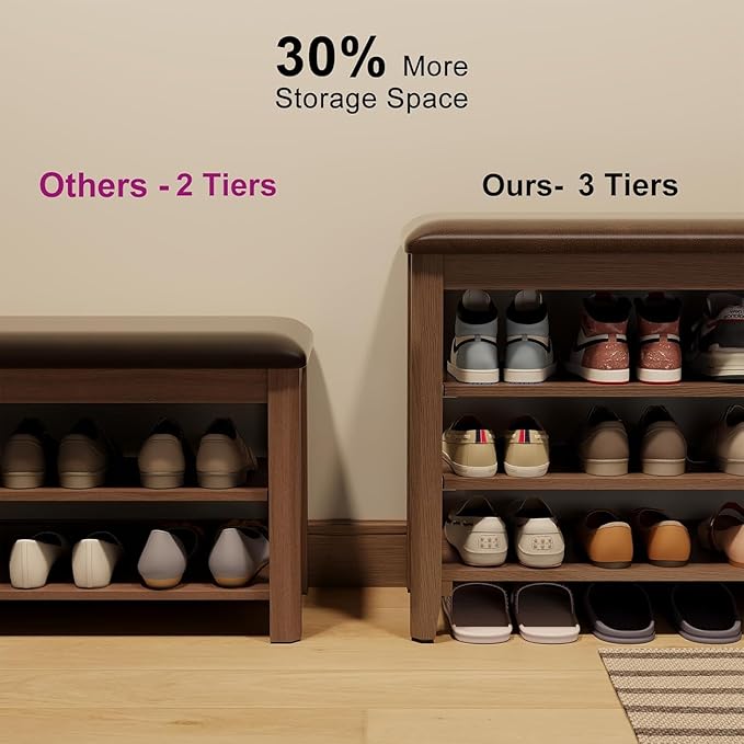 3 Tier Shoe Bench with Cushion,Solid Wood Storage Bench Height Adjustable, Shoe Rack for Entryway,Bedroom,Hallway(Walnut)