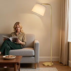 Ambimall Remote-Controlled Floor Lamp - Color Temperature Adjustable and Fully Dimmable, Standing Lamp for Living Room with Rotating Head, Tall Lamp for Bedroom, 9W Bulb Included (Gold and Beige)