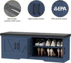 2-Tier Storage Bench, 47.2" Wide Shoe Bench with Padded Seat Cushion, Entryway Bench with 4 Barn Doors and Adjustable Shelf, Blue