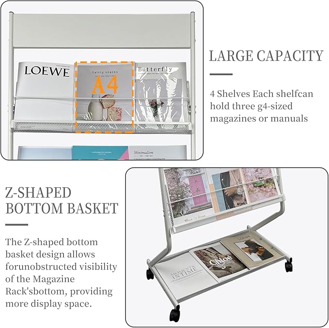 tongmo Floor-Standing Magazine Rack 4-Layer with Wheels, Brochure Display Stand, High-hardness metal for Exhibitions, Office, and Any Organization Requiring Information Display (White)