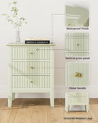Fluted Nightstand, Farmhouse Night Stand with 3 Drawers, Mid Century Modern Side Accent Table,Bedside End Table for Bedroom, Living Room, Pale Green