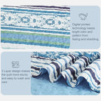 Exclusivo Mezcla Reversible Boho Quilts Queen Size, Blue Bedspreads Lightweight Coverlet All Season Bohemian Quilt Bedding Set with Printed Striped Floral Pattern (1 Quilt, 2 Pillow Shams)