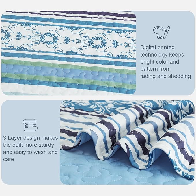 Exclusivo Mezcla Reversible Boho Quilts King Size, Blue Bedspreads Lightweight Coverlet All Season Bohemian Quilt Bedding Set with Printed Striped Floral Pattern (1 Quilt, 2 Pillow Shams)