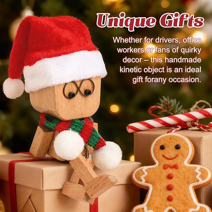 Shaking Wooden Man Figurine,12PCS Magnetic Changeable Faces, Handmade Shaking Feet Wooden Doll for Car Dashboard Decorations,Funny & Creative Christmas Desktop Office Desk Decor (A)