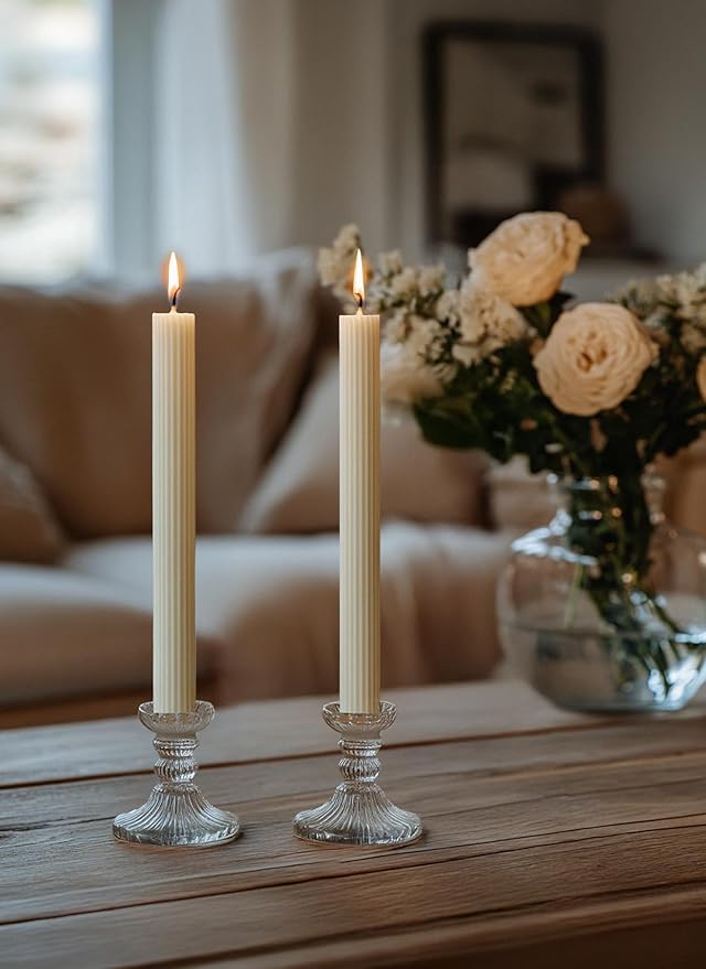10" Candle Sticks, Ribbed Taper Candles, Ivory, 4-Pack, Unscented