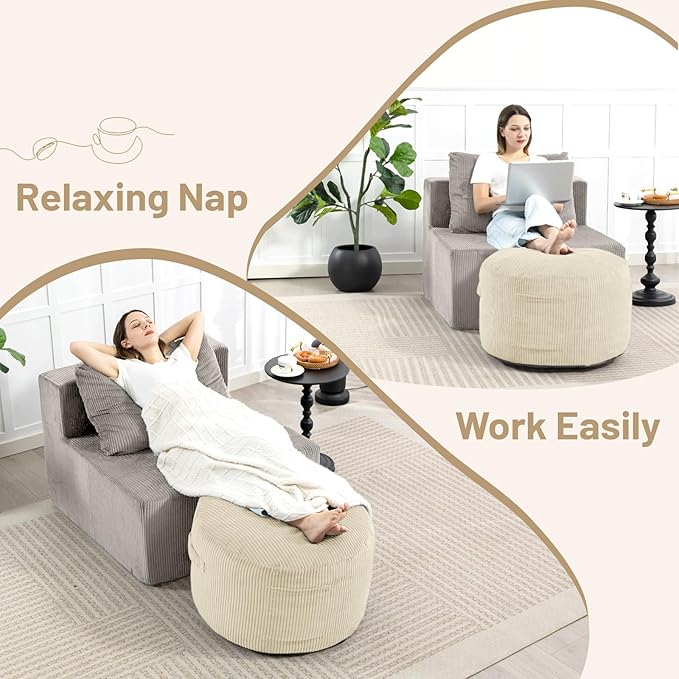 Round Stuffed Pouf Ottoman,Corduroy Foot Rest with Rebound Foam Filled, Furry and Fluffy Foot Stool Ottoman, Floor Poufs for Living Room (Beige, 20" D x 20" W x 15" H)