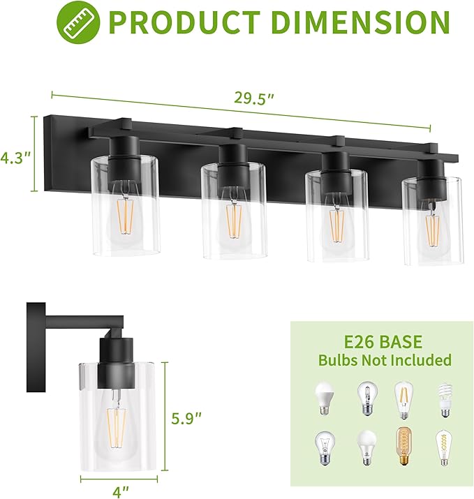 Espird Bathroom Vanity Light,4 Light Matte Black Light Fixture with Thickened Clear Glass Shade, 30 inch Modern Wall Sconce, Bathrooms Vanity Light Over Mirror for Bathroom