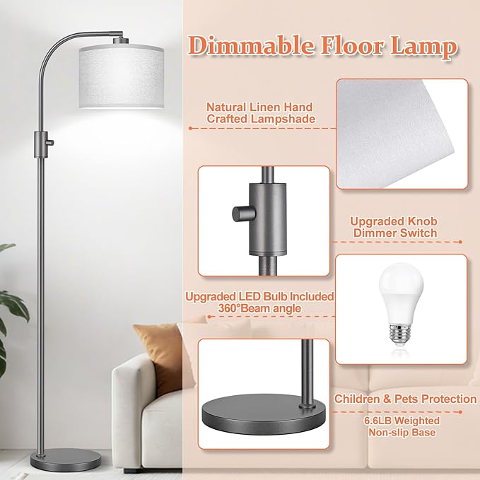 【Upgraded】 Dimmable Gray Floor Lamp, 1203 Lumens LED Bulb Included, Arc Floor Lamps for Living Room Modern Standing Lamp with Gray Linen Shade, Tall Lamp for Living Room Bedroom Office Reading Room