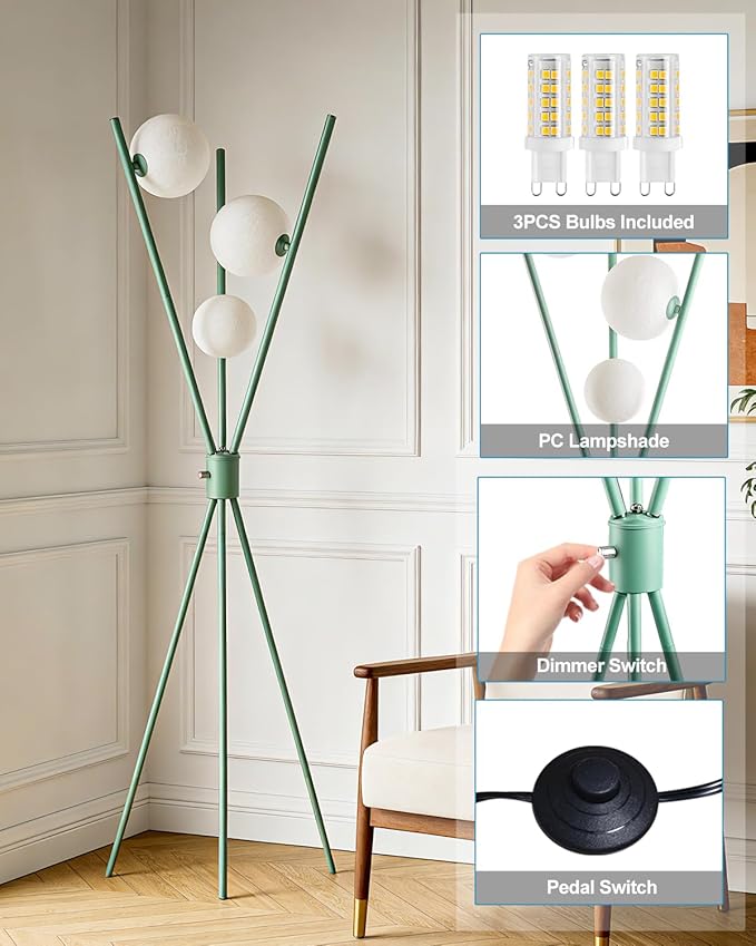 Lightdot Dimmable Green Tripod Floor Lamp, Mid Century Standing Lamps with 3 Globe Soft Warm White Eye Care 3000K Bulbs Included, Modern Tall Lamp for Living Room/Bedroom/Sofa Beside/Corner Decor