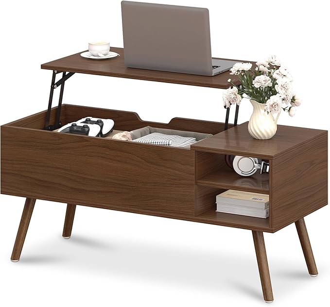 ALINE FURNITURE Walnut Brown Coffee Table Lift Top - Mid Century Modern Coffee Table with Wooden Legs, Hidden Storage Compartment & Open Shelves - 40" Wood Coffee Tables for Living Room & Small Space