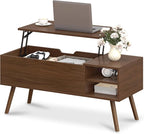 ALINE FURNITURE Walnut Brown Coffee Table Lift Top - Mid Century Modern Coffee Table with Wooden Legs, Hidden Storage Compartment & Open Shelves - 40" Wood Coffee Tables for Living Room & Small Space