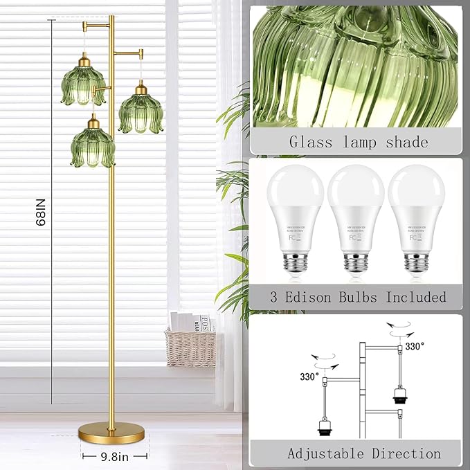 Gold Floor Lamp for Living Room Bedroom,3 Lights Modern Floor Lamps with Unique Green Glass Shades,68IN Mid Century Tall Standing Lamp,Vintage Tree Floor Lamp for Corner Office Reading Bulb Included