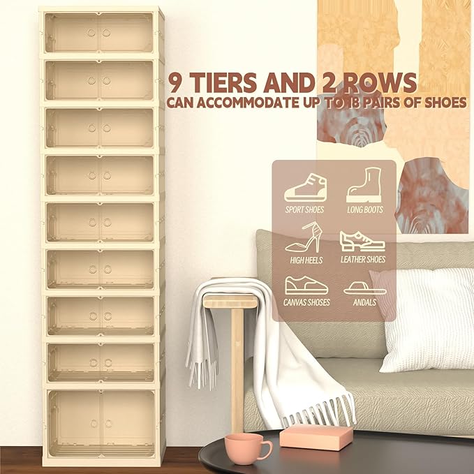 Dollate Shoe Organizer Storage Box,No-Assembly 9 Tiers Foldable Shoe Rack with Clear Door, Large Sneaker Cabinet Bins for Living Room, Cloakroom, Entryway
