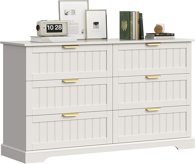6 Wooden Drawer Dresser for Bedroom Storage, Modern Farmhouse Wood Chest of Drawers with Metal Handles, Wide Storage Cabinet for Closet, Living Room, or Entryway White