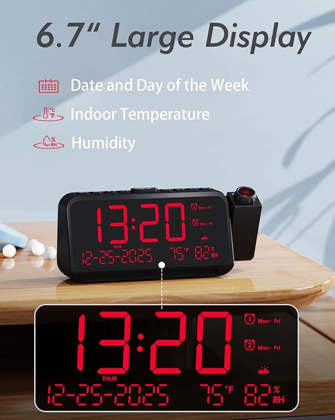 Roxicosly Projection Alarm Clock for Bedroom Ceiling, 118 dB Super Loud for Heavy Sleepers, 6.7" Large Digital Dimmable Display with Day Date Indoor Temp Humidity, Dual Alarms Adjustable Volume