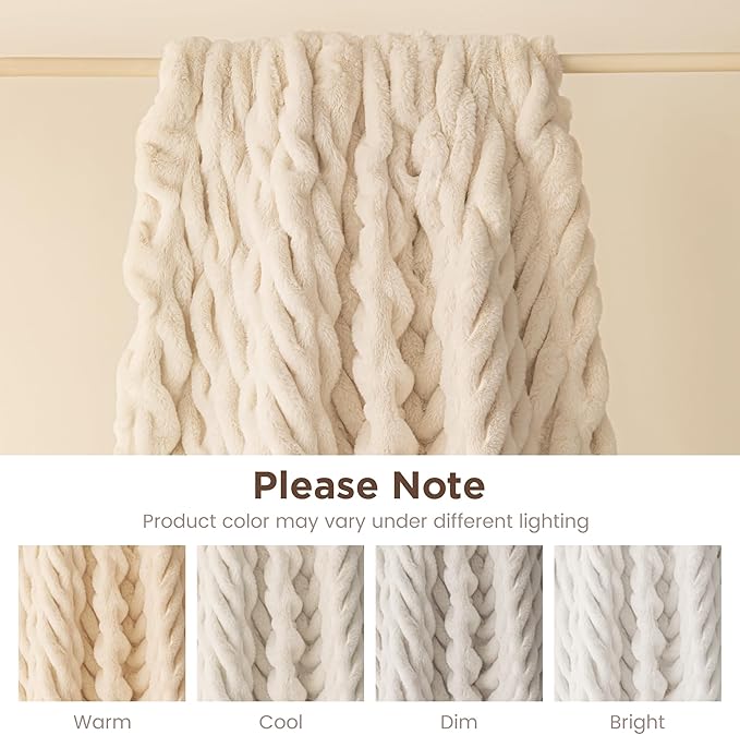 Sophia & William Ruched Faux Fur Throw Blanket Bed Blanket - Luxury Lightweight Plush Fuzzy Cozy Soft Blankets, Cream, 60" x 80"
