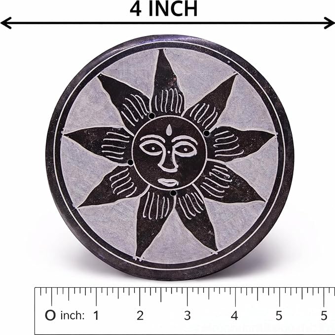 Marble Black Soapstone Incense Stick Holder | Handmade Round Incense Burner with Sun Carving | Decorative Ash Catcher for Home, Office, Meditation & Puja Décor