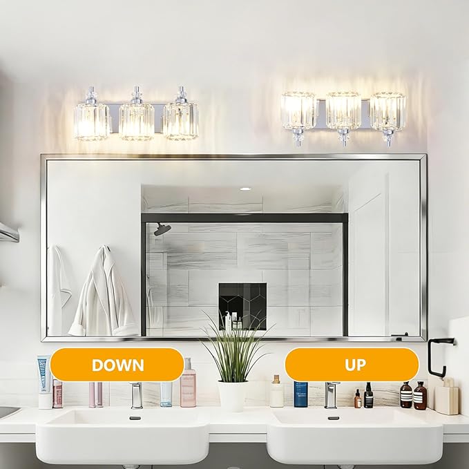 3-Light Modern Bathroom Light Fixture Chrome Bathroom Vanity Lights Over Mirror Wall Sconce Lighting with K9 Crystal Shades E26 Base for Bedroom, Living Room, Hallway, Cabinet Wall Lamp
