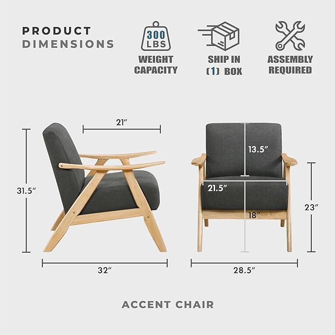 Lexicon Mid Century Modern Accent Chair with Solid Wood Frame in Natural Finish, Textured Fabric Living Room Lounge Arm Chair, Thick and Comfy Innerspring Seat Cushion, Linen-Look Fabric, Dark Gray