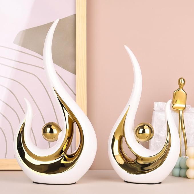 XMGZQ 2pcs White and Gold Modern Abstract Art Statue Table Decoration,Elegantes Ceramic Statue for Home Décor Accent,Mantel,Bookshelf,Centerpiece Table Decorations for Dining Room,adornos para sala