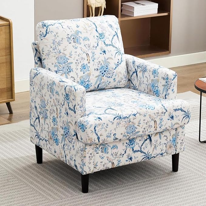 Mid-Century Accent Chair,Modern Linen Fabric Armchair for Living Room,Comfy Upholstered Reading Accent Chairs for Bedroom,Single Sofa Chair with Wood Legs (Blue Flowered Bird, 1 Pack)