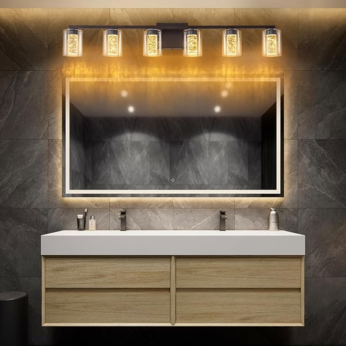 SineRise 6-Light Bronze Vanity Light with 3 Color Modes (3000K/4000K/6000K), Eye Protection LED Bathroom Light Fixture, Dimmable Modern Wall Light Over Mirror with Clear Glass Shade