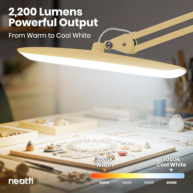 Neatfi XL Nail Desk Lamp with Clamp, 2200 Lumens, 20-Inch Wide Head, Dimmable 4 Levels, 3 Color Modes 3000K–6000K, LED Task Light for Manicure Table, Crafts, Workbench, Office (CCT, Gold)