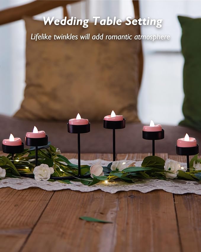 LED Candles, 24 Pack Tea Lights Candle Battery Operated, Flameless Tealight Votives, Realistic Tea Lights for Wedding Home Party Decor -D 1.5" x H 1.25" -Pink Light