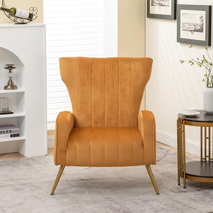 Modern Velvet Accent Chair, Channel Tufted Bedroom, Office or Living Room Furniture with Elegant Metal Legs, 26" Wide Armchair, Mustard Yellow