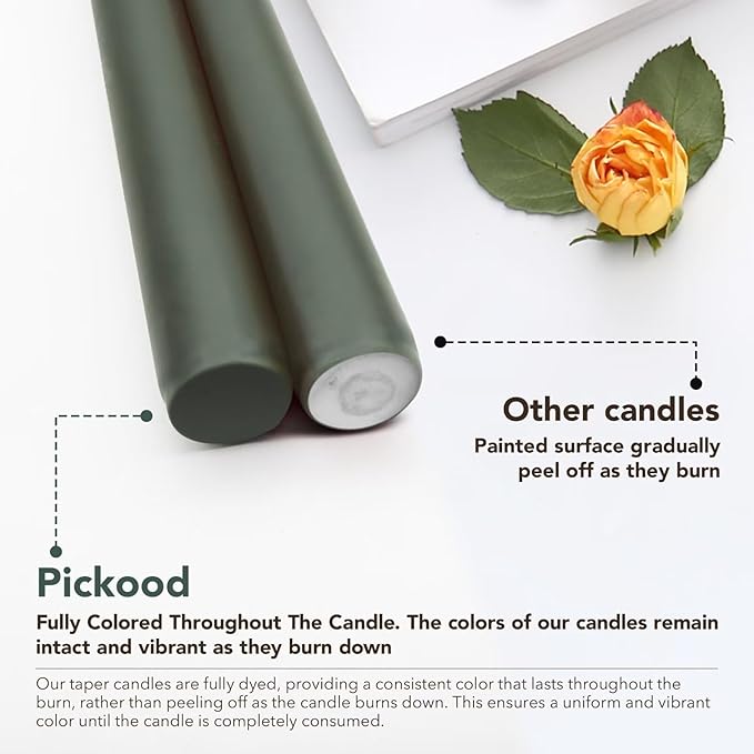 New Burning Formula Unscented Dripless 10-Inch Taper Candles Set of 12 - Dark Green, for Wedding, Dinner - Smokeless, Long Burning - Hand Poured, Colored Tall Candlesticks - Verde Oscuro