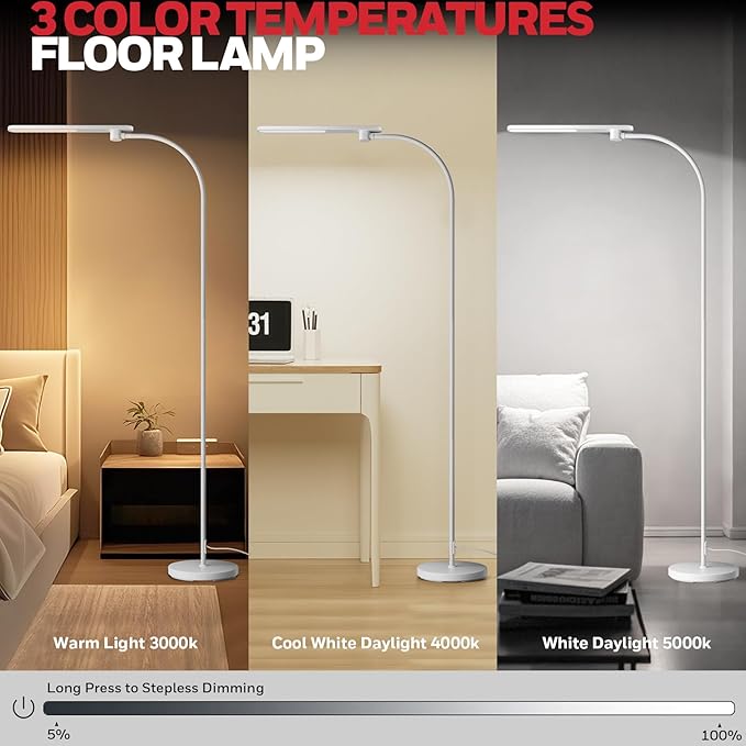Honeywell LED Floor Lamp, F4 Sunturalux™ Gooseneck Reading Floor Lamp, Super Bright Stepless Dimmable Task Light with Flexible Arm, Eye-Caring Tall Standing Lamp for Living,Bedroom Office