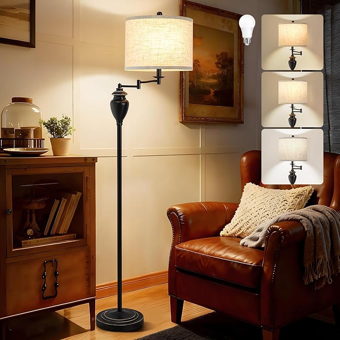 Floor Lamp for Living Room, Color Temperature 350° Adjustable Swing Arm Lamp Vintage Standing Lamp Traditional Farmhouse Standing Lamp Tall Lamp for Bedroom Office Home Nursery Study Room Hotel