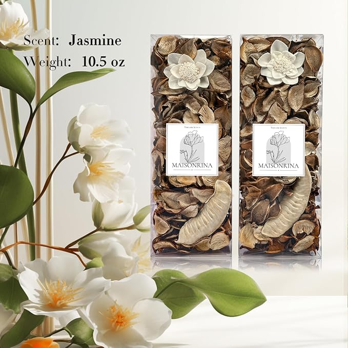 Spring Potpourri,Jasmine Scented Potpourri Bowl Filler, White Decorative Dried Flower, Bathroom Vase Decor(10.5 oz/2 Packs)