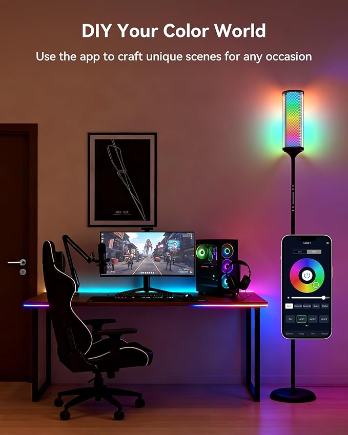 JOOFO Glass Shade RGBICW Corner Floor Lamp, 16 Million Colors Smart LED Ambient Mood Lighting with App & Remote Control for Modern Home Decor, Bedroom, Living Room, Gaming Room