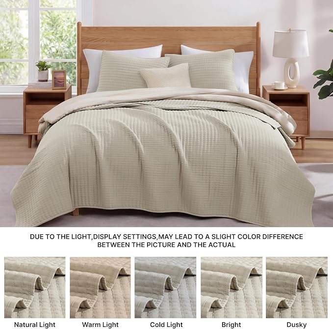 WRENSONGE Queen Quilt-3 Pieces Lightweight Bedspreads Light Oatmeal Queen Size Quilt Bedding Set for All Seasons, Soft Summer Coverlet with 2 Pillow Shams Suitable for Bed & Couch