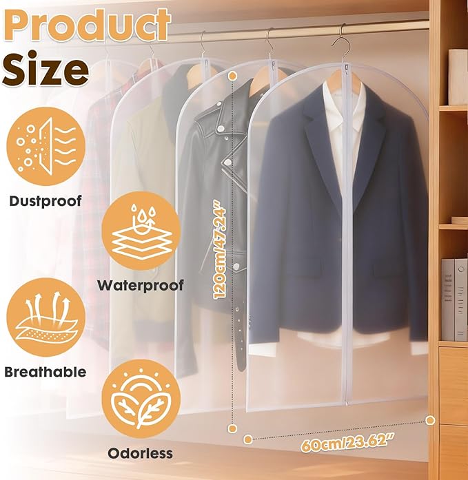 12 Pack Clear Garment Bags for Hanging Clothes, 47" Suit Bags for Closet Storage,Plastic Dustproof Suit Cover Bags,Plastic Suit Cover Bags with Zipper for Coats,Jackets,Shirts (24''X47'')
