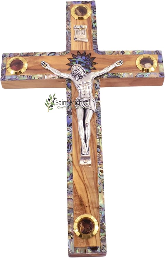 Olive Wood Wall Cross Silver Crucifix with Mother of Peral Design-Bethlehem Star on a Wooden Cross – Made in Bethlehem Holy Land The Place Where Jesus was Born by Christian Craftsmen.