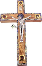 Olive Wood Wall Cross Silver Crucifix with Mother of Peral Design-Bethlehem Star on a Wooden Cross – Made in Bethlehem Holy Land The Place Where Jesus was Born by Christian Craftsmen.