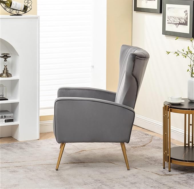 Modern Velvet Accent Chair, Channel Tufted Bedroom, Office or Living Room Furniture with Elegant Metal Legs, 26" Wide Armchair, Grey